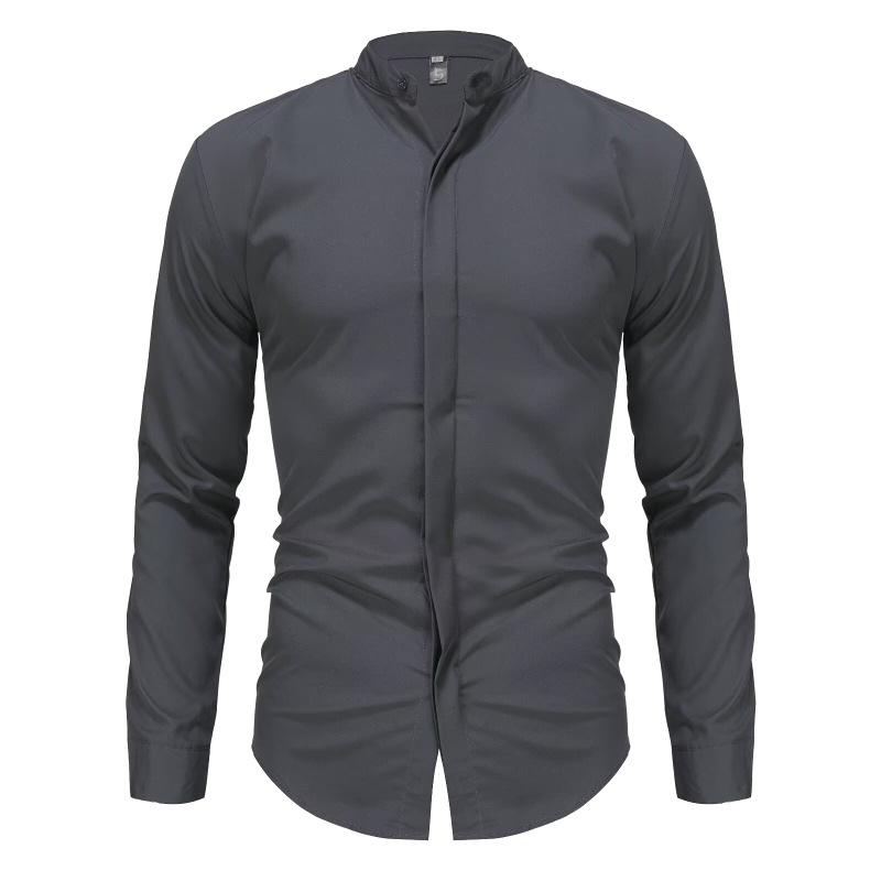 Mens Stand Collar Non Iron Slim Fit Long Sleeve Cool Casual Shirt