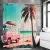 Pink Blue Car Beach Coconut Tree Sea Shower Curtain, Bathroom Decorative Shower Curtain, Waterproof Shower Curtain with Hooks