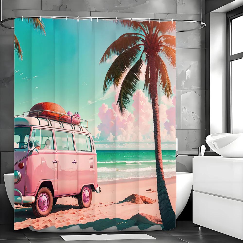 Pink Blue Car Beach Coconut Tree Sea Shower Curtain, Bathroom Decorative Shower Curtain, Waterproof Shower Curtain with Hooks