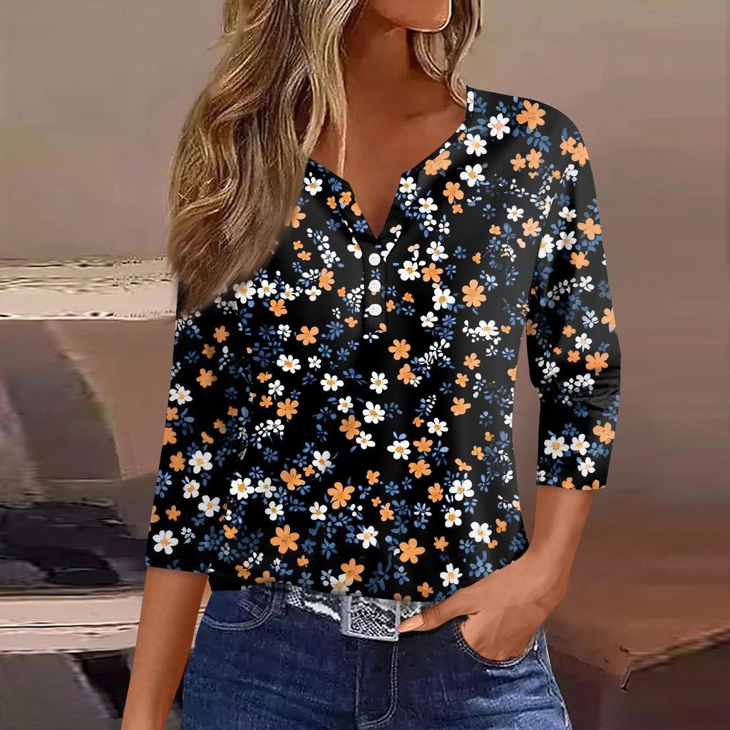 Dámské tričko s potiskem, knoflíky, 3/4 rukávy, pro každý den, na víkend, módní, základní, s výstřihem do V, běžný top