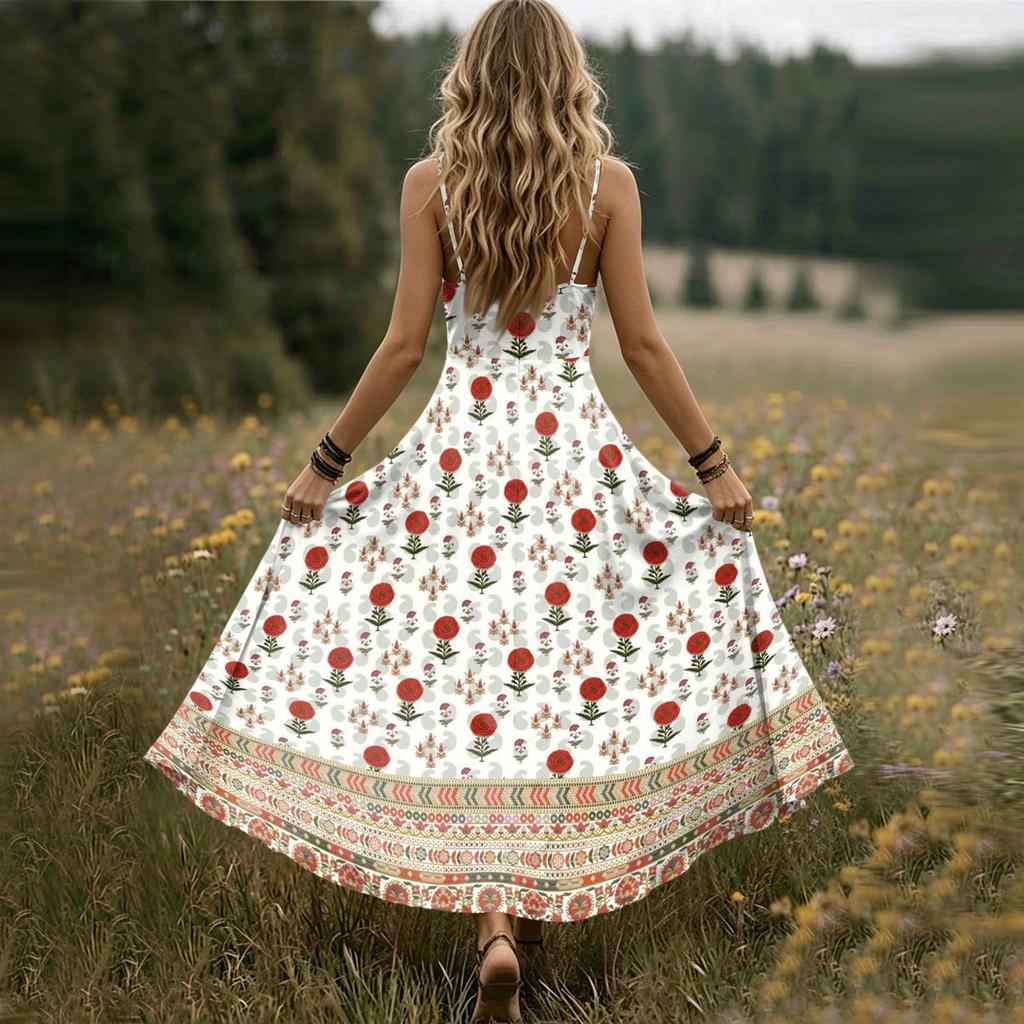 Women's Sleeveless V Neck Maxi Dress Summer Long Dress Casual Loose Fit Floral Print Bohemian Style Slip Dress