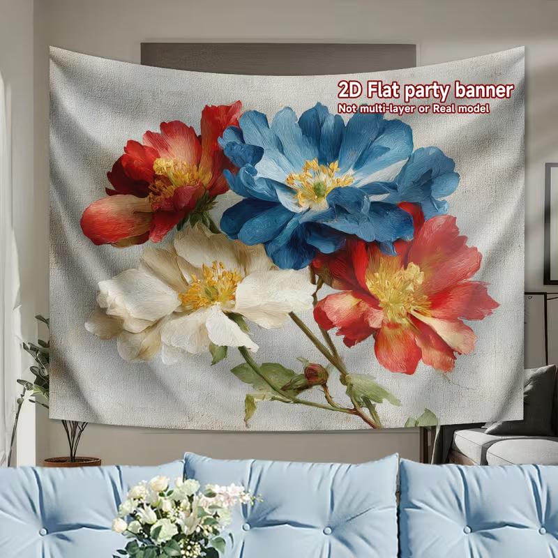

2D Flat Party Banner Vintage Floral Tapestry with Oil Painting Style Red, Blue and White Flowers 47.2x31.5inch/120*80cm