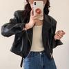 Spring and Autumn Short Leather Jacket Brown Lapel Motorcycle Jacket Design PU Leather Jacket for Women