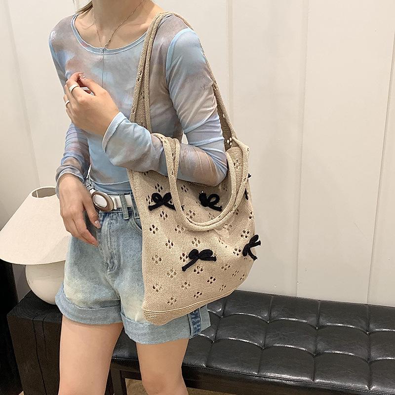 Aesthetic Knitted Bag Women Hollow Out Crochet Bow Handbag Large Capacity Handmade Tote Bag Summer Beach Woven Shoulder Bag