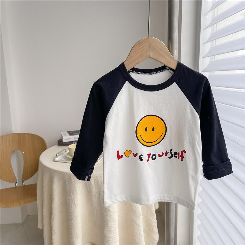 

Детская рубашка с длинными рукавами и принтом смайлика и буквами, топы, футболка, детская футболка для детей старше 3 лет