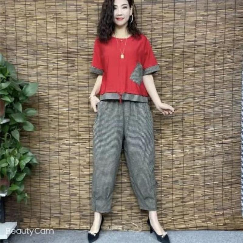 Sommer Trend T-Shirts Sets Damen Koreanischer Stil Persönlichkeit Tasche Kariert Kurzarm T-Shirt Lässige Hose Baggy Hose 2-teiliges Set
