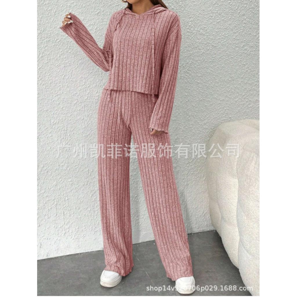 Herbst- und Winter-Freizeit-Strickset mit langen Ärmeln, Damen-Kapuzensweatshirt, lockere Hose zweiteiliges Set