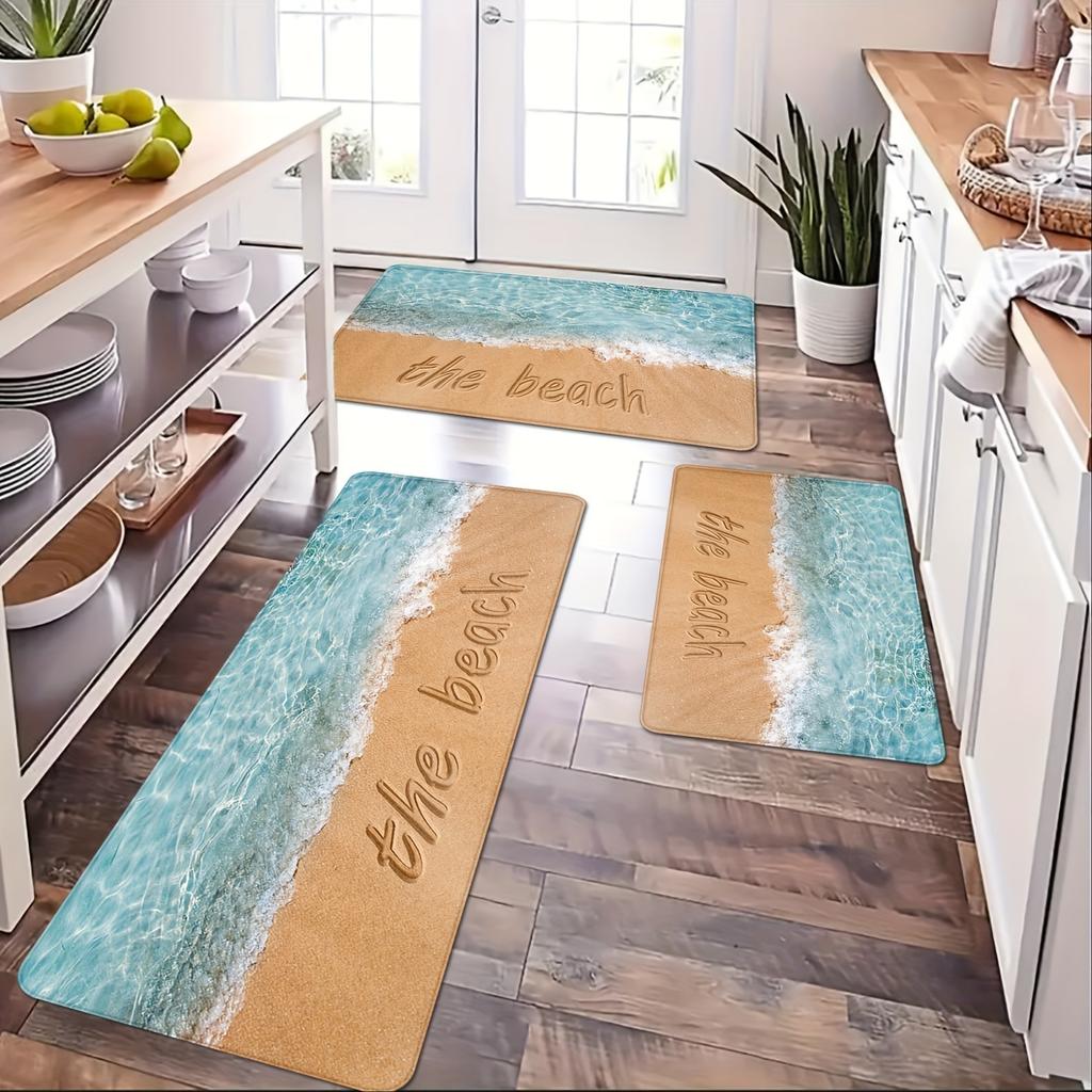 Luxuriöse Ozean-Serie, Strand-Buchstabe, Küchenmatte, weich, verdickt, Küchen-Bodenmatte, wasserdicht, rutschfest, ölbeständig, Bodenmatte, Läufer