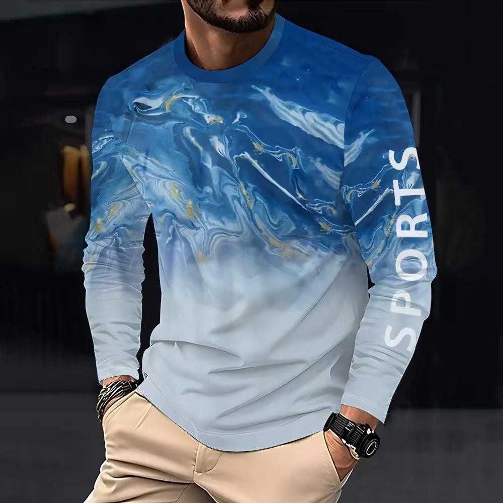 Autumn and Winter Men's Gradual Change of Color 3D Printed Round Neck Long Sleeve T-shirt