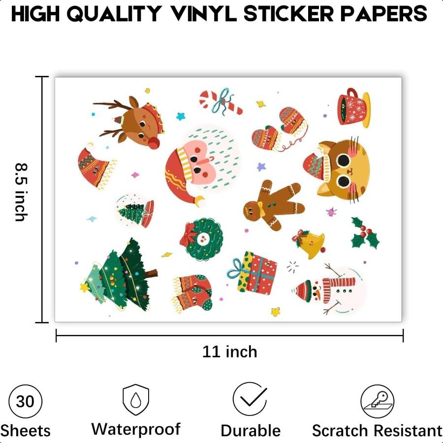 

30 листов Премиальная печатная виниловая бумага для наклеек для струйного принтера Глянцевая белая 8,5x11 дюймов Водонепроницаемая Быстро сохнет United States