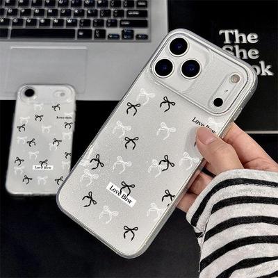 Black & White Bow Glitter Case for Apple iPhone 17 Pro Max, 17 Air, 15, 16, 11, Cute 7/8 Plus