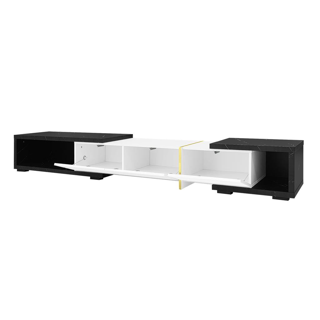 Modern TV Cabinet with variable length (140-260 cm), rotating function, black marble look, white high-gloss matte finish and golden decorations