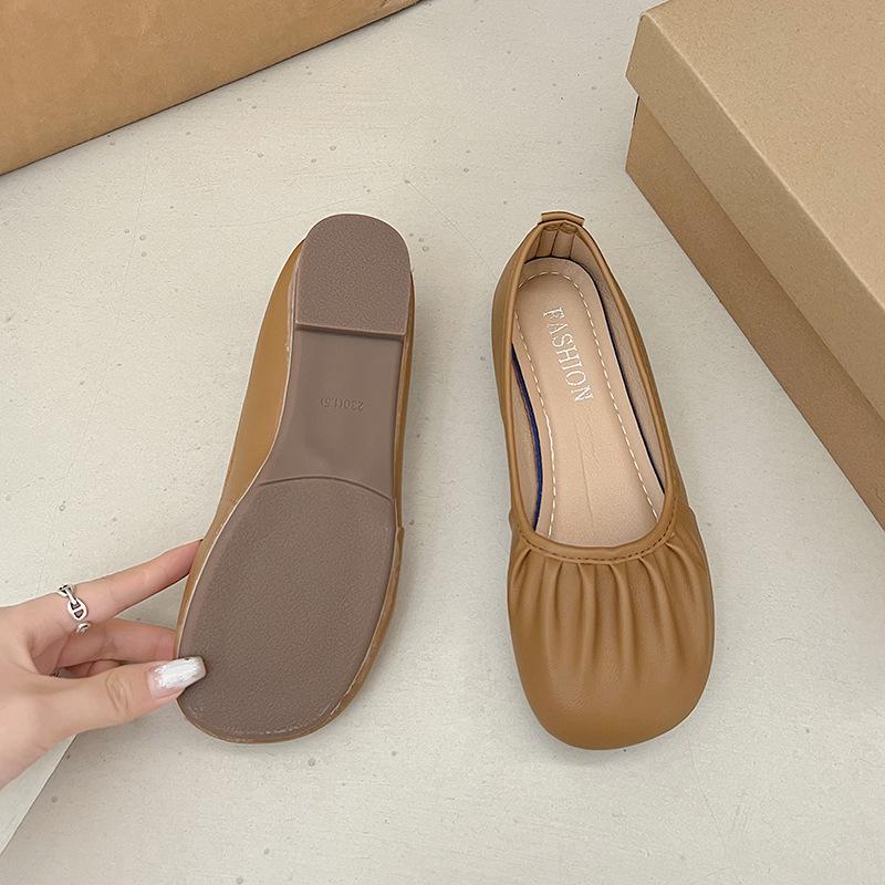 

Ретро плиссированные туфли бабушки женские на плоской подошве 2025 лето новые туфли-лодочки юбка Doudou туфли неглубокие на мягкой подошве одинарные туфли 40 темно-коричневого