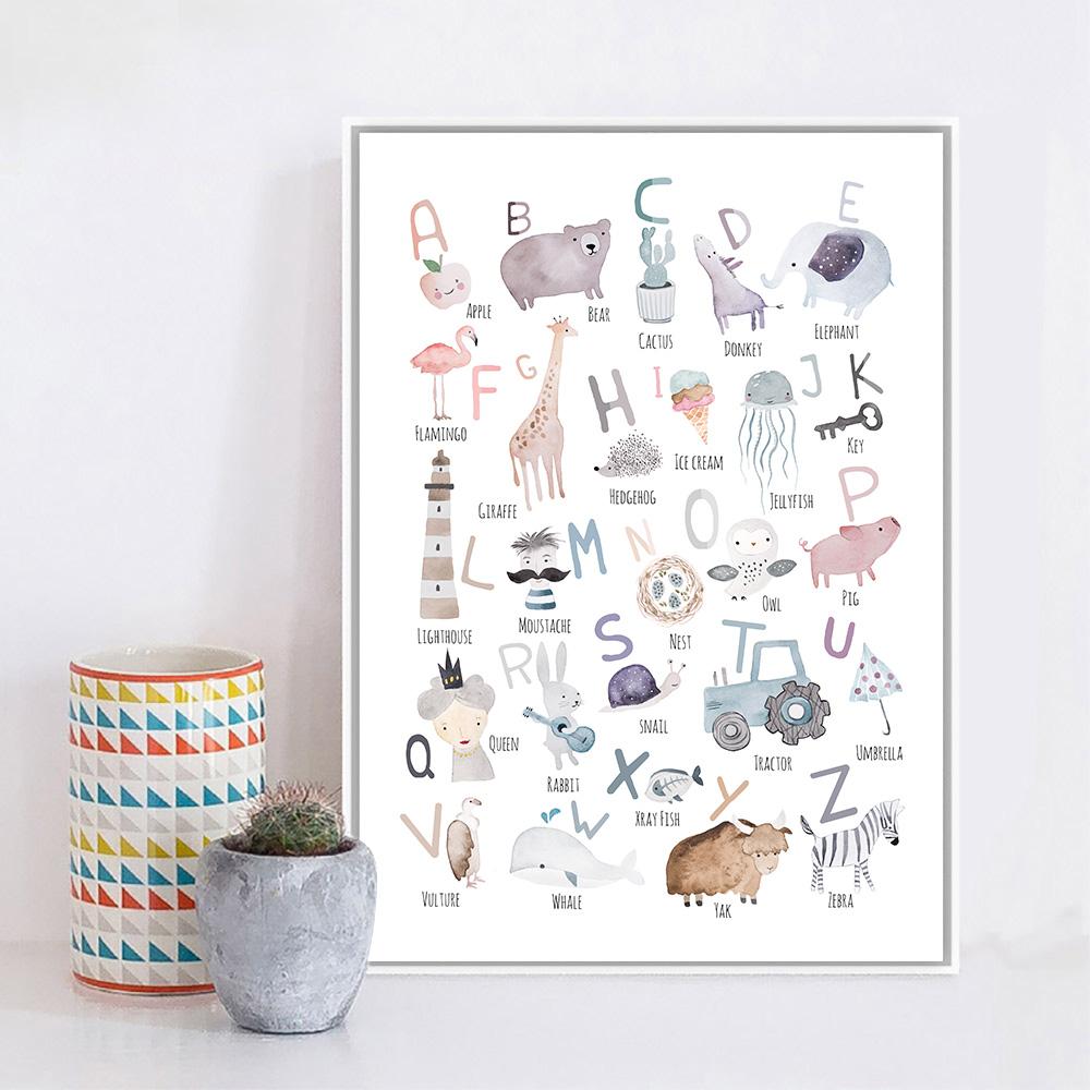 Alphabet Picture Cartoon Animal Kindergarten Early Education Institution Wall Decor Poster and Print Kids Room Wall Art Painting No Frame