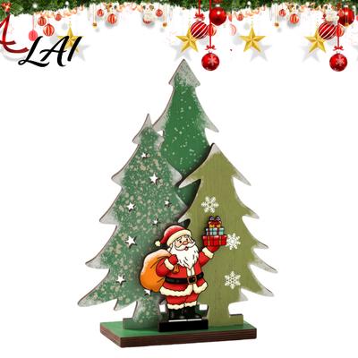 Christmas Party Supplies Wooden Tree Table Decor with LED Light Rustic Standing Sign Holiday Decoration Reindeer Santa Claus for Tiered Tray,