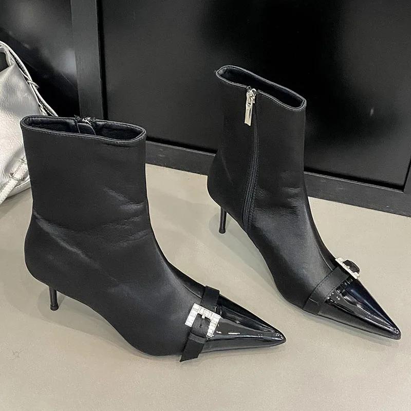 

Ботильоны с острым носком на низком каблуке, женские брендовые дизайнерские короткие ботинки на молнии, новые современные ботинки с кристаллами и пряжкой, женские ботинки Botas De Mujer 40