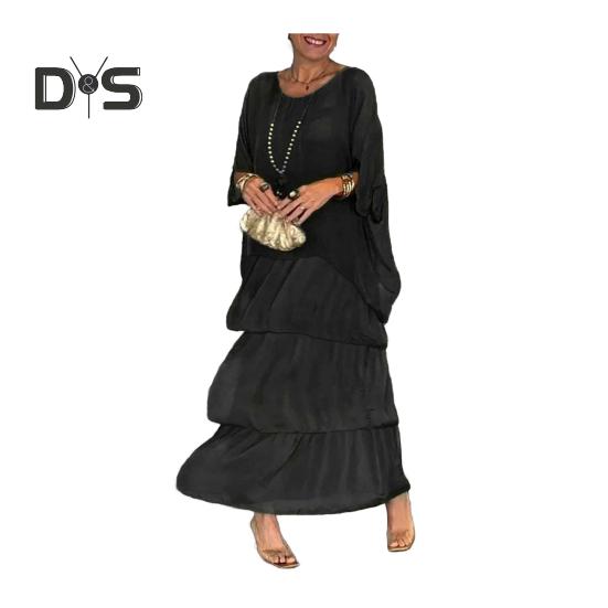 Abendkleid, mehrlagig, verstreuter Kuchensaum, Halbarm-Maxikleid, Fledermausärmel, weites Chiffonkleid mit Rundhalsausschnitt für Party und Abschlussball