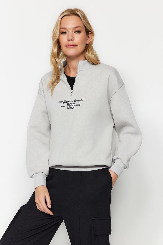 Women's Fashionable Stylish Sweatshirt Stone Thick Inside Fleece Zippered High Collar Oversize Wide Fit Knitted Sweatshirt