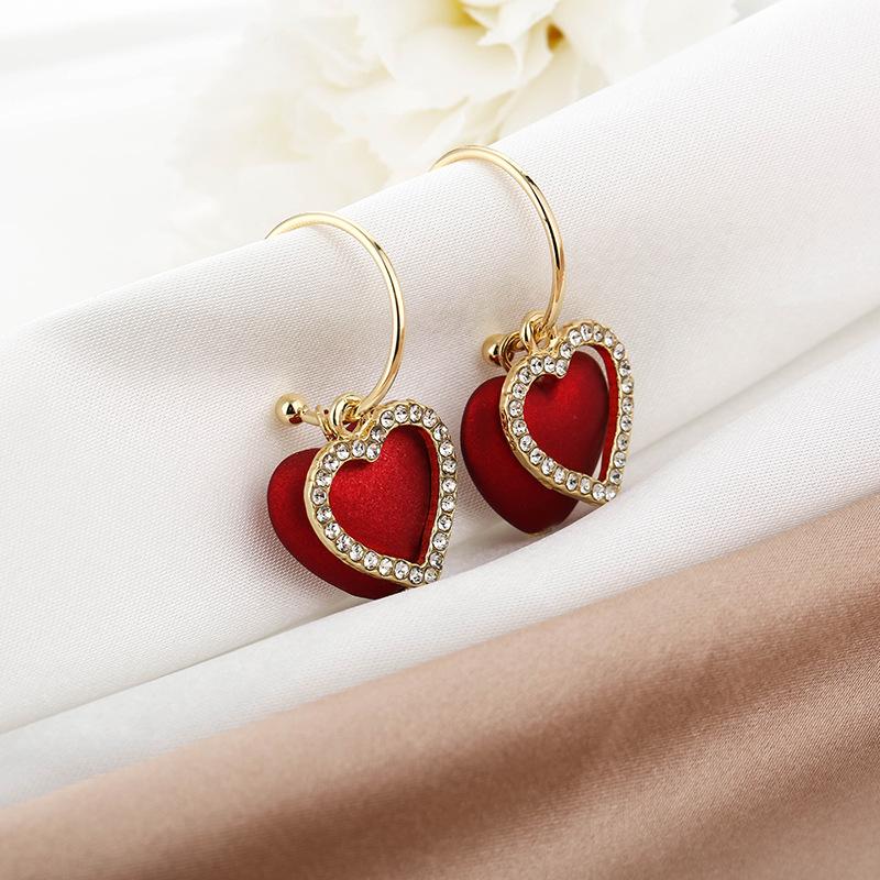 Red Peach Heart Earrings C-Type Trendy Festive Earrings Dongdaemun Earrings