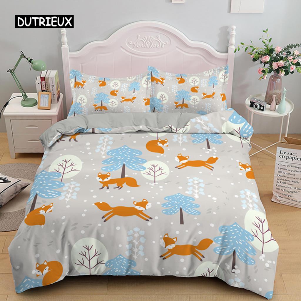 Cartoon Fuchs König Königin Bettbezug Lieblich Orange Tier Floral Bettwäsche Set Kinder Mädchen Blumen Pflanze 2/3tlg. Polyester Steppdeckenbezug