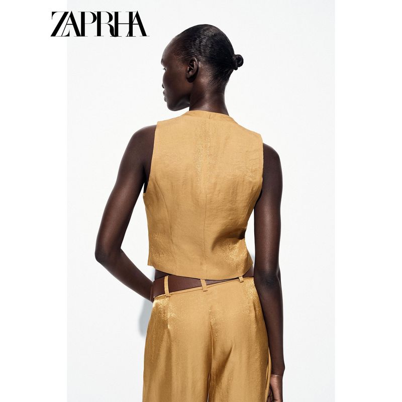 Zaprha 2025 Summer New Fashion Gold Button Decoration Silk Satin Texture V-neck Top 7484091303