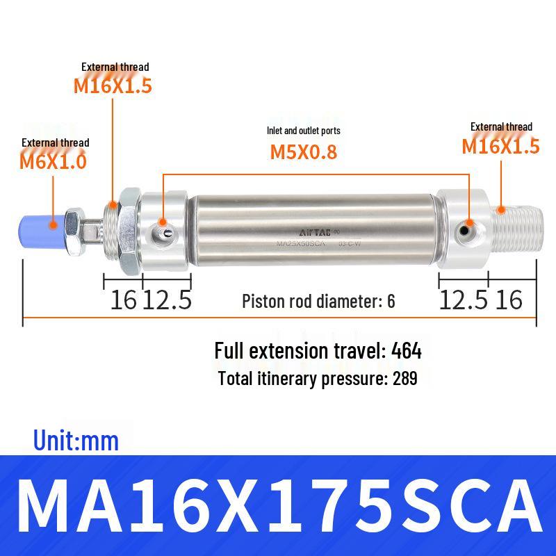 AirTAC Stainless Steel Mini Cylinder MA Series - Sizes: 16/20/25/32 mm x 15/25/30/50/75/100/125-SU