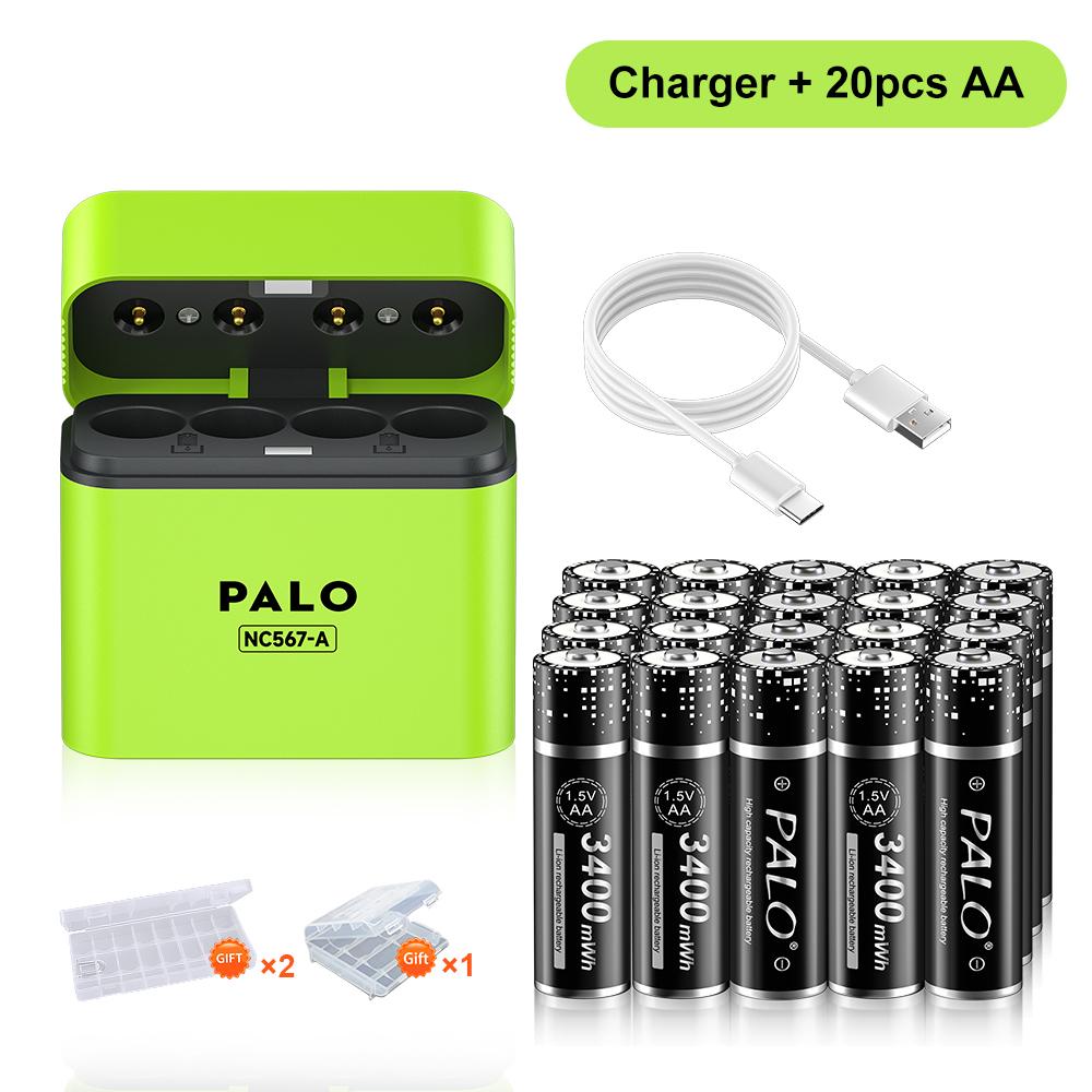 PALO Baterii Reîncărcabile AA 1.5V Litiu 3400mWh 1.5V Li-ion Baterie AA Cutie Încărcător Inteligent cu cablu de date TYPE-C