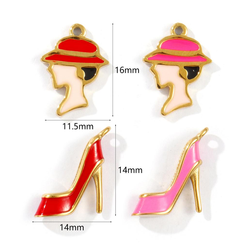 1 PC Waterproof 304 Stainless Steel Charms 18k Gold Plated Enamel The Lady With A Hat High Heels Pendant For DIY Necklace Making