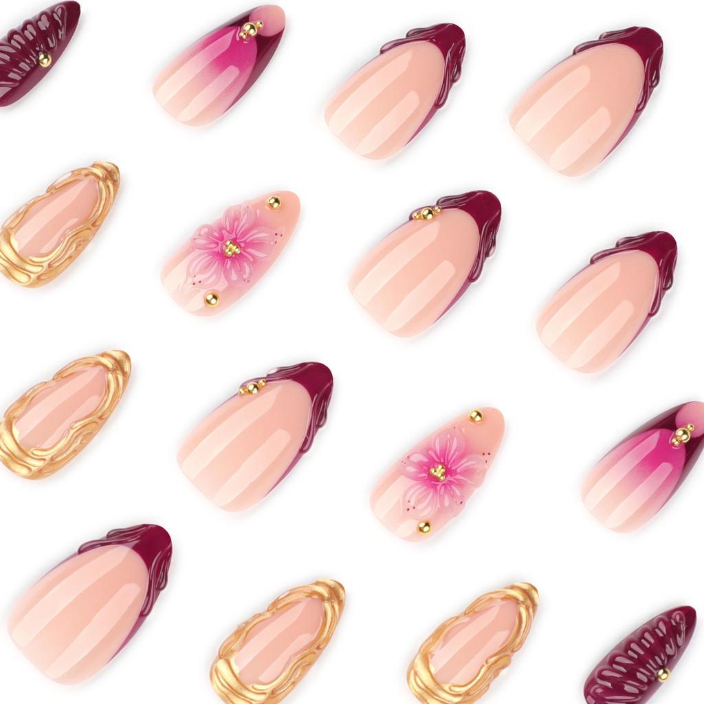 3D Floral Gradient French Nail Art Tips - Stylish Wearable Fake Nails