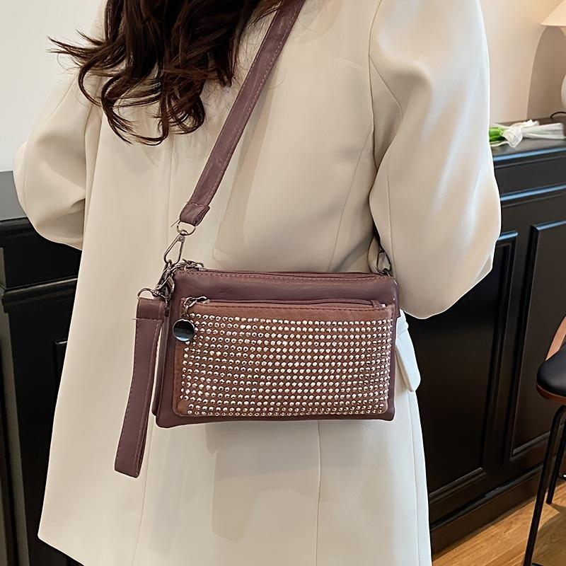 Rhinestone-Studded Shoulder Bags for Women Zip Closure Trendy Small Square Ladies Clutch Bag Small Crossbody Bags for Women