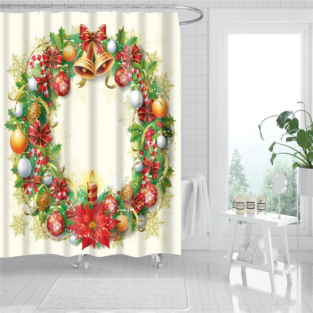 Merry Christmas Shower Curtains New Year Santa Bathroom Decor Bath Curtain Cartoon Snowman Elk Bath Bathroom Curtains