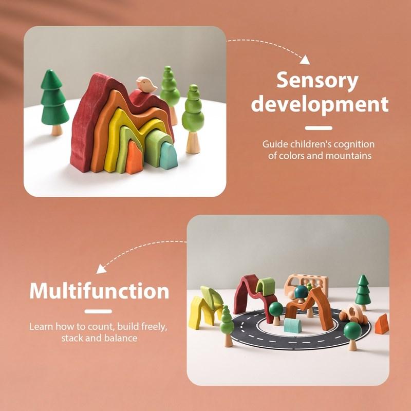 Montessori Irregular Blocks Stacking Balance Toy for Children Wooden Rainbow Blocks Education Learning Mountain Simulation Toy