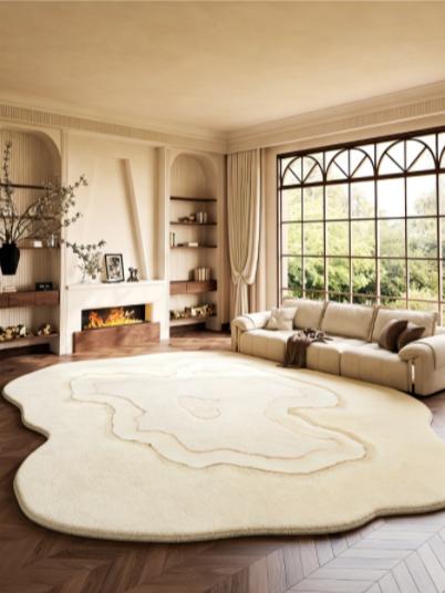 Retro Stijl Woonkamer Decoratie Tapijt Onregelmatige Vorm Vloerkleden voor Slaapkamer Dik Pluche Lounge Tapijt Pluizig Zacht Nachtkastje Vloermat 80x120cm beige