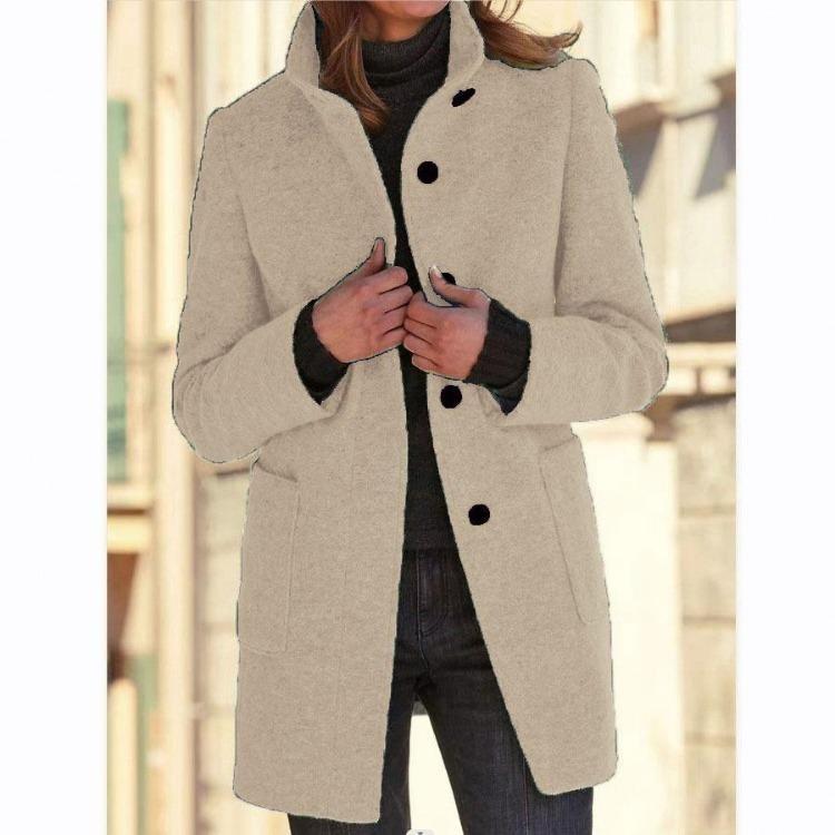 Fashion Autumn Winter Women Casual Jacket Coat Long Sleeve Stand Collar Solid Color Print Outerwear