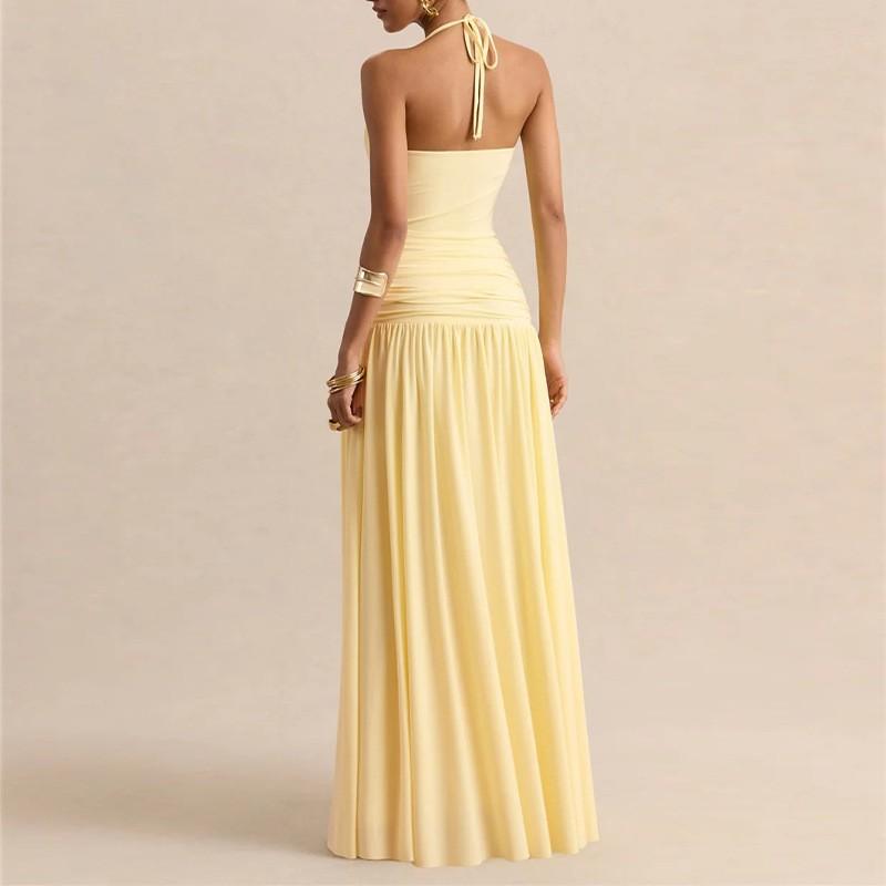 Elegant Solid Color Pleated French Style Sleeveless Maxi Dress High Waist Fit 2026 Womens Casual