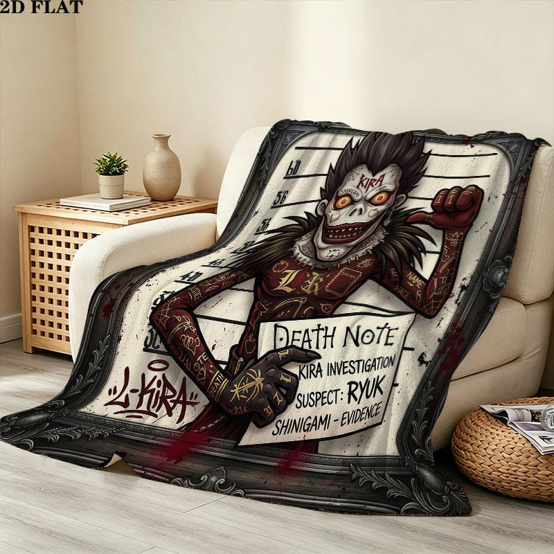שמיכת פלנל עם הדפס Death Note, 1 יחידה, מתאימה לכל העונות, לקישוט הבית, לחום ונוחות, מתנות, מתנת חג