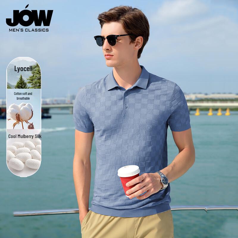 JOW Men s Checkered Jacquard Mulberry Silk Blend Knit T-Shirt M