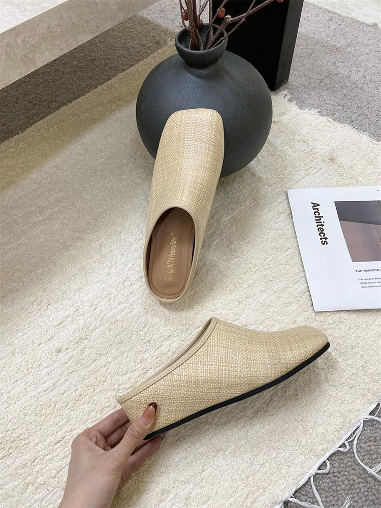Fashion 2025 New Fashion Mules Grass Weaving Mid Heels Square Toe Women's Pumps Handmade Slippers Summer Shoes Runway Outdoor Lady Shoes