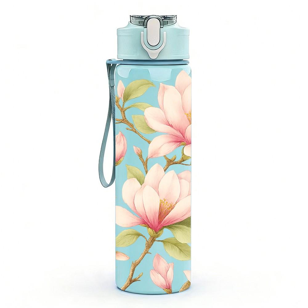 1PC Light Pink Magnolia Floral Print 750ml Color Plastic Sports Water Bottle Leakproof Flip Straw Lid Suitable for Sports Office Home Use