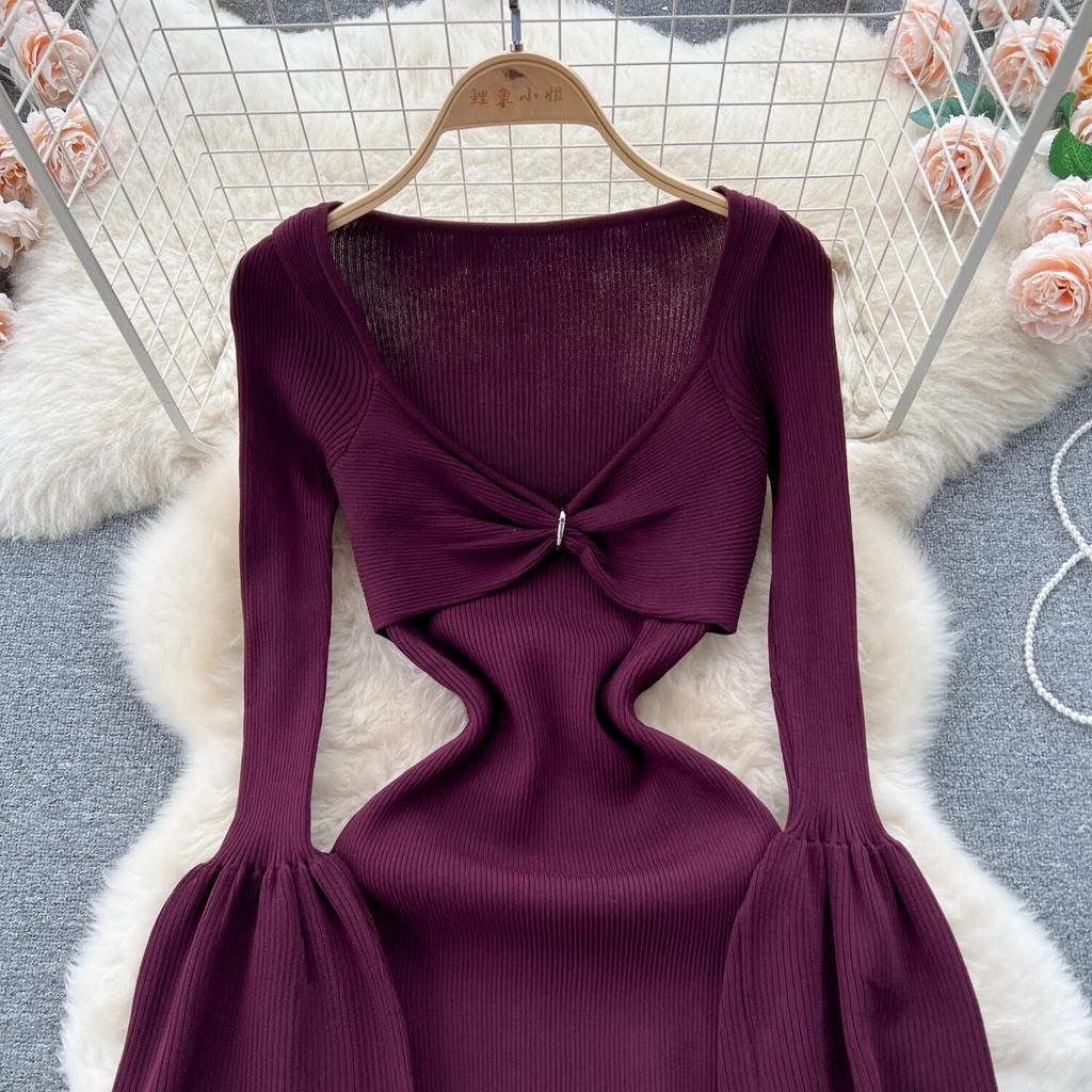 Sexy Bodycon V Neck Flare Pletené šaty s dlouhým rukávem Elegantní Elegantní Vestidos Podzimní Ženy Módní Hip zavinovací šaty