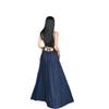 VENUIE Dark Blue Pleated Backless Lace-Up Long Sleeve Split Midi Dress