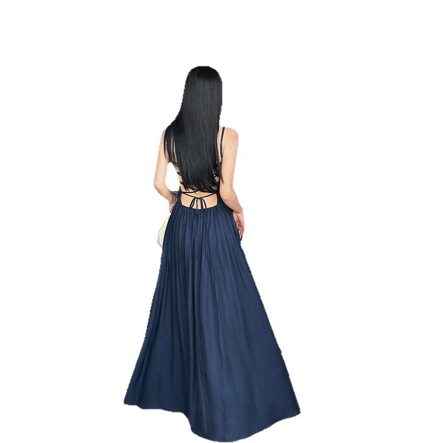 VENUIE Dark Blue Pleated Backless Lace-Up Long Sleeve Split Midi Dress
