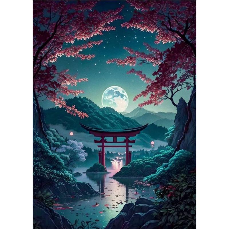 Japanese cherry color koi, fish, moonlake, magic art poster, canvas, painting, Japanese landscape, wall art for living room, home decor