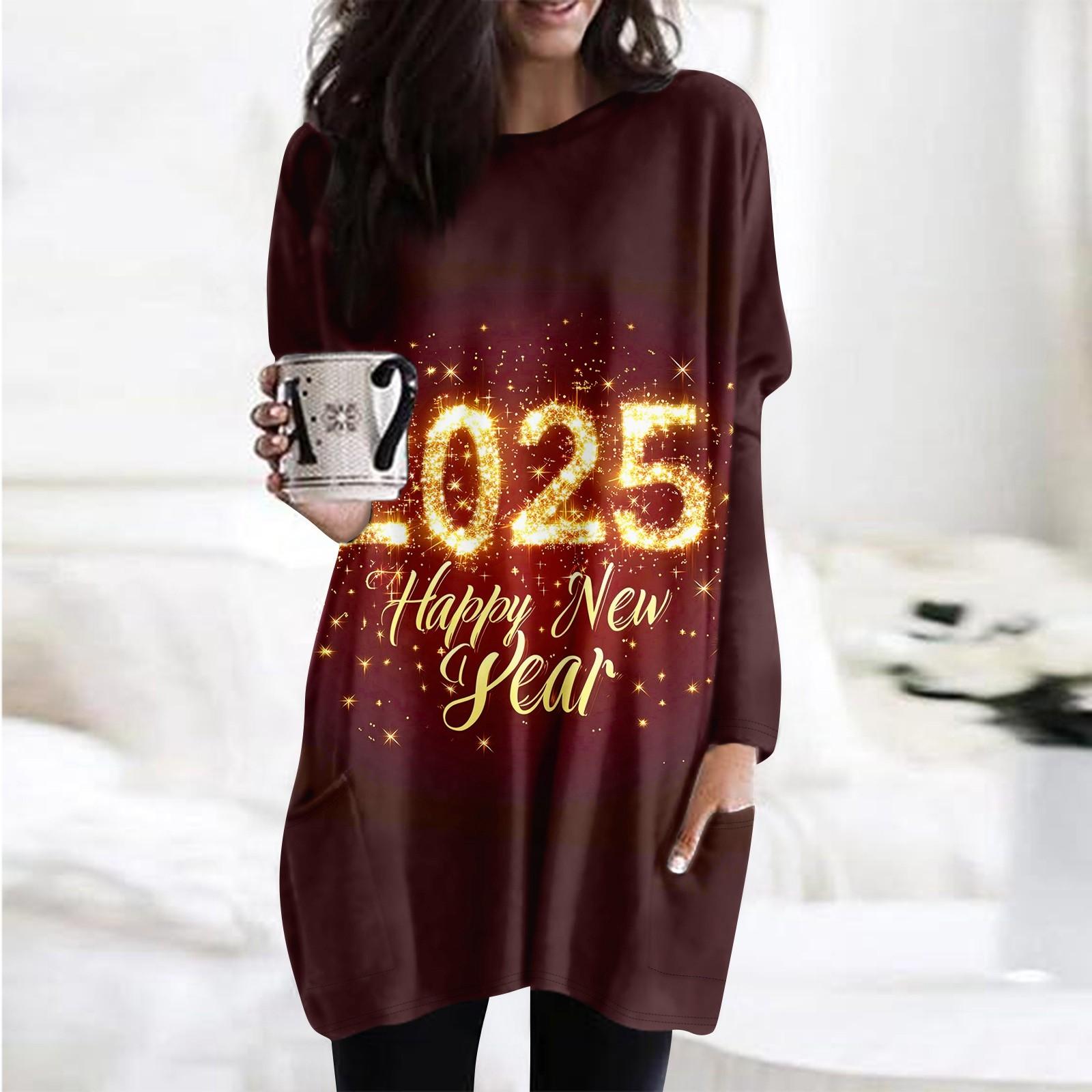 

Womens Printing O-Neck Sweatshirt Long Sleeve Printed Shirt Dress Oversized Loose Fit Pullover Tops With Pockets XXXL винний