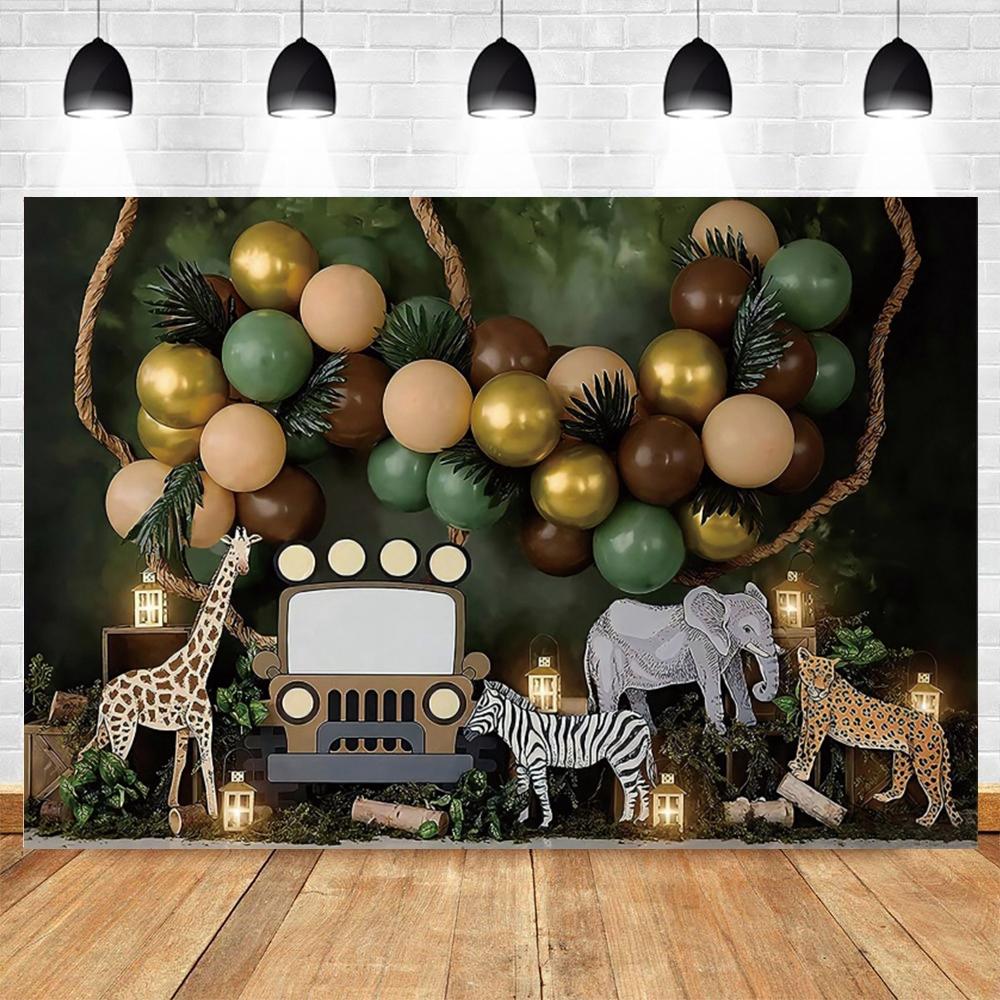 Safari Tropical Jungle Animals Baby 1st Birthday Party Photography Backdrop Wild One Baby Shower Photo Background Photo Studio