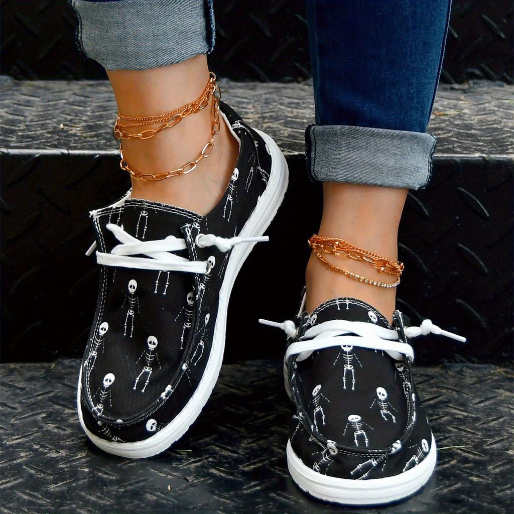 Women's Skeleton Men Print Shoes, Slip On Round Toe Low-top Non-slip Lightweight Canvas Shoes, Halloween Comfy Daily Shoes