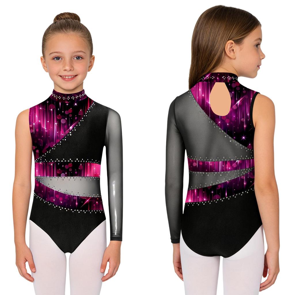Girls Gymnastic Leotard Sparkly Rhinestones Patchwork Asymmetric Sleeve Design Back Hole Out Crotch Press Buttons Dance Unitard Competition Bodysuit