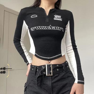2KWEIRD Ležérní Y2K Tričko na zip Dámské Stojáček Dlouhý rukáv Crop topy Slim Grafická trička Dámské 90s Vintage Oblečení Základní trička