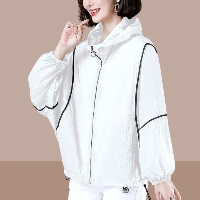 Sommer Dünne Kapuzen-Sonnenschutzkleidung Damenbekleidung Locker Langärmelig Atmungsaktiv Große Größe Oberteile Sonnenschutzkleidung