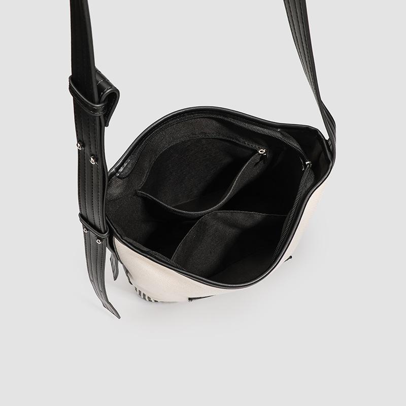 Small Canvas Splicing Large Capacity Bucket Bag Wide Shoulder Strap Fashion All-in-one Striped Shoulder Bag
